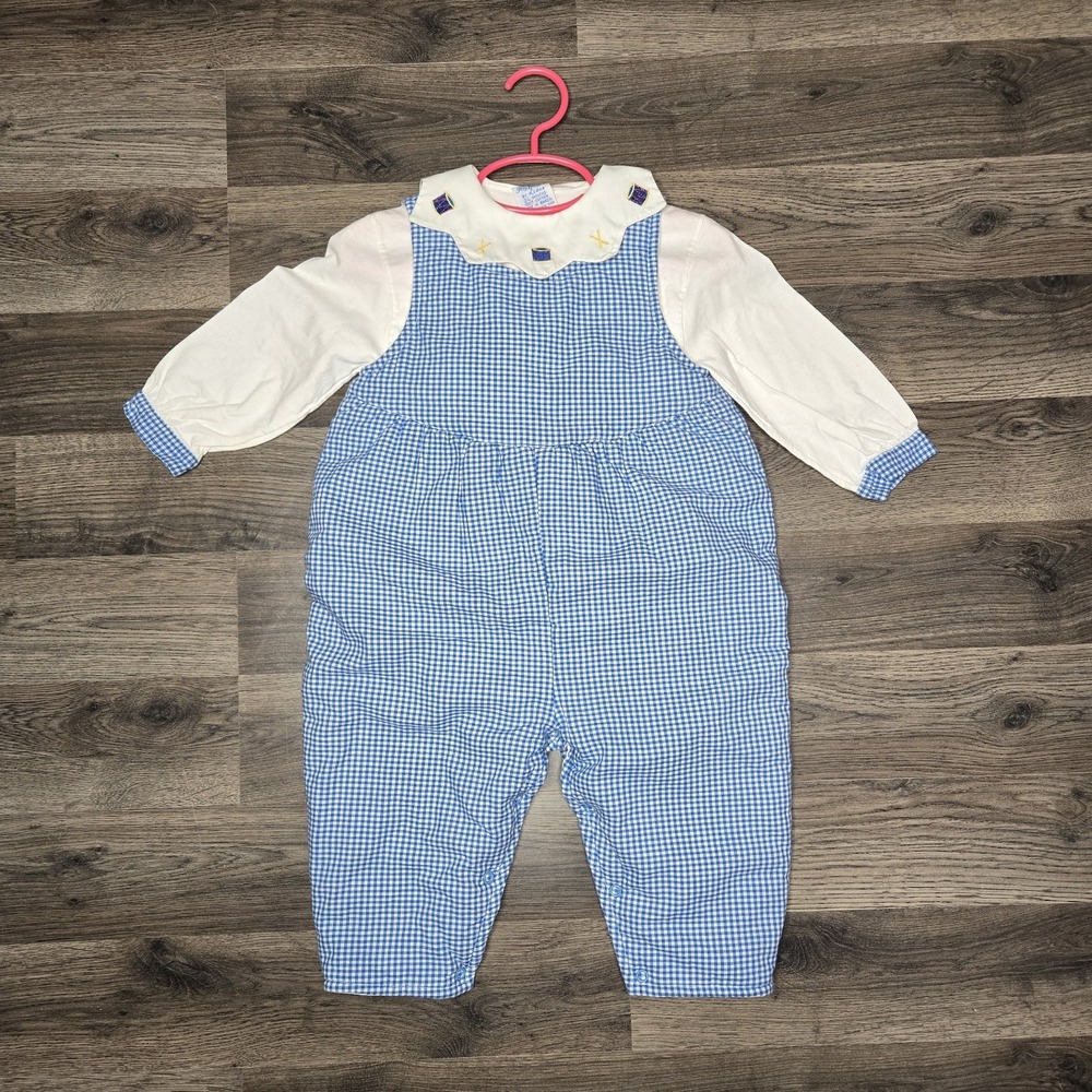 Vtg Itsy Bitsy by Lione 2 Piece Gingham Romper & Collared Top 24m Poly Filled